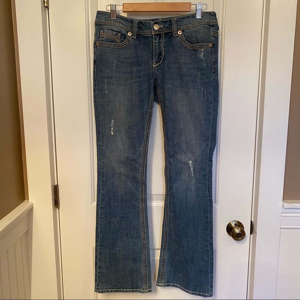 SEVEN7 JEANS DENIM BLUE DISTRESSED BOOT CUT 5 POCKET SIZE 8